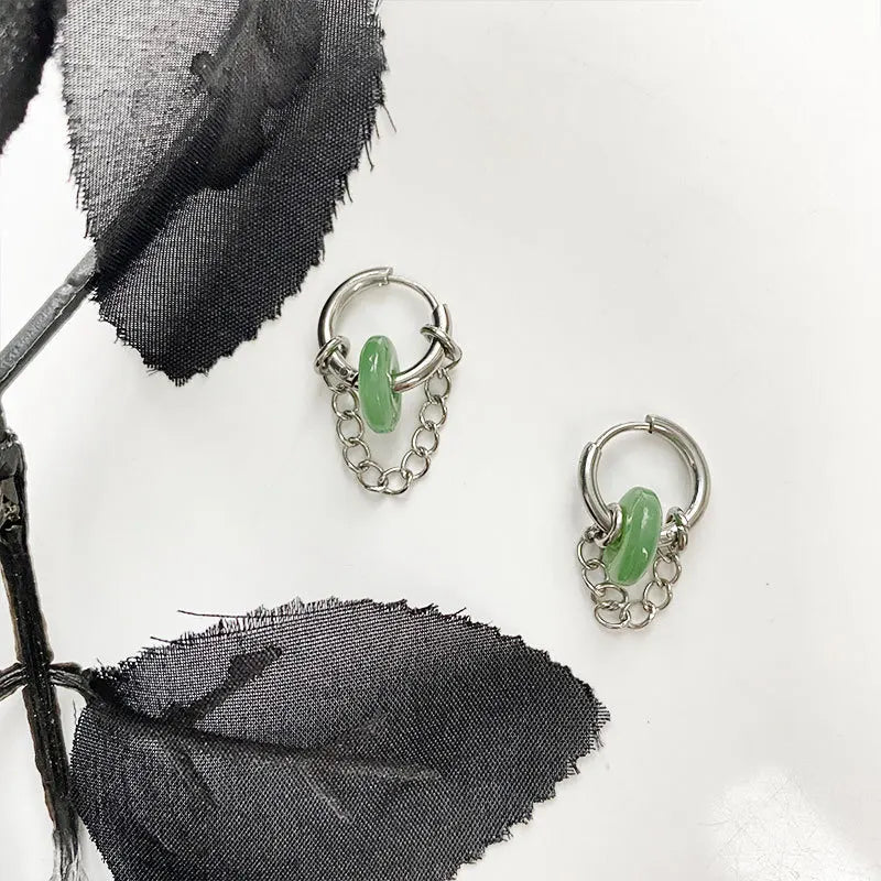 DAIIIBABYYY  -  New Titanium Steel Imitation Hetian Jade Removable Chain Earrings Women's Fashion Elegant Accessories Club Party Accessories
