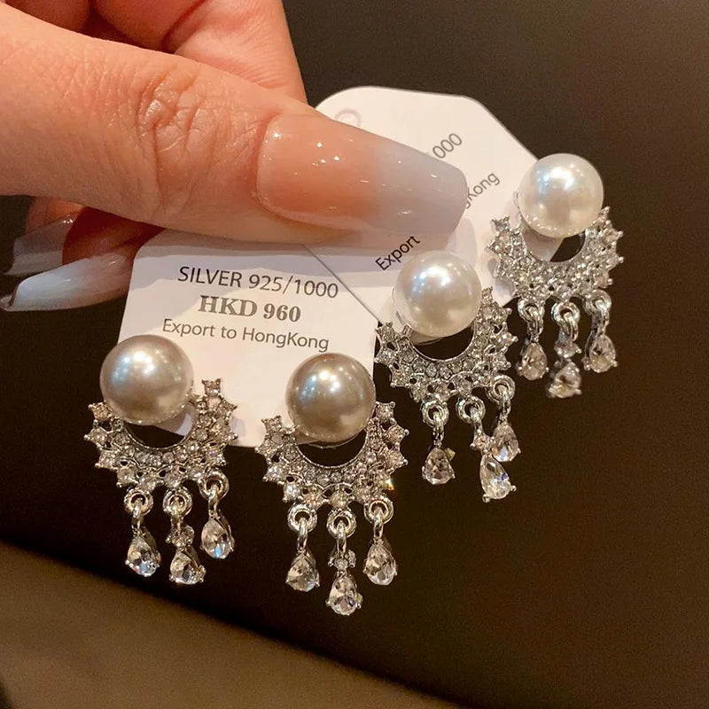 DAIIIBABYYY  -  Exquisite Pearl Crystal Tassel Drop Earrings for Women 2024 New Luxury Metal Geometric Temperament Earrings Aesthetic Jewelry