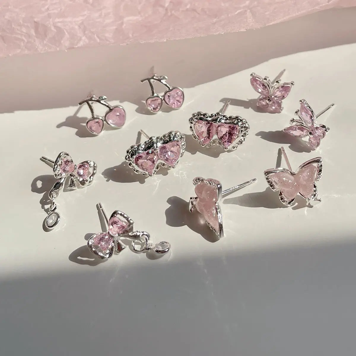 DAIIIBABYYY  -  Summer New Shiny Pink Flower Cherry Butterfly Star Pearl Stud Earrings Set for Women Girls One Week Korean Fashion Jewelry Gift