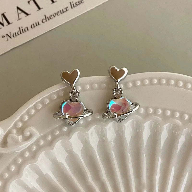 DAIIIBABYYY  -  Korean Fashion Rhinestone Planet Heart Drop Earring Y2K Sweet Cool Girls Fantasy Color Earrings Women Jewelry Party Gifts