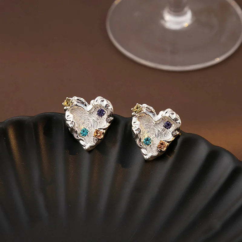 DAIIIBABYYY  -  Fashion Simple Metal Irregular Threaded Heart Earrings for Women Enamel Colored Diamond Inlay Stud Earrings Wedding Jewelry Gift