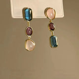 DAIIIBABYYY  -  Vintage Colorful Resin Asymmetric Earrings Women’s Imitation Stone Contrast Geometric Dangle Earrings Korean Personality Jewelry