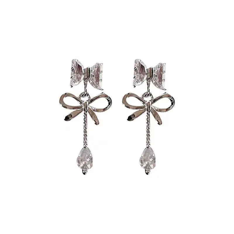 DAIIIBABYYY  -  New Bow Earrings Rhinestones Girls Delicate Compact Fashionable Versatile Suitable Daily Dating Light Luxury Personalized