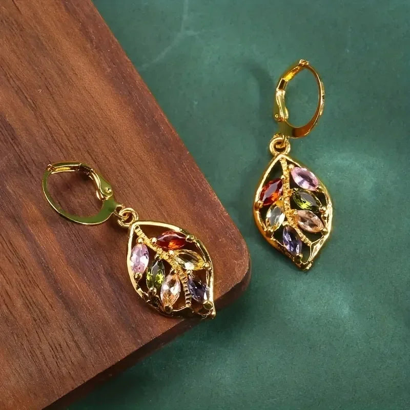 DAIIIBABYYY  -  Fashion Sparkling Colorful Cubic Zirconia Pendant Earrings Multicolor Stone Leaves Rose Gold Charming Pendant Earrings Jewelry