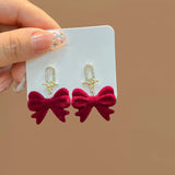 DAIIIBABYYY  -  Women New Year Christmas Wine Red Velvet Bow Earrings Korean Fashion Girls White Plush Ball Dangle Earring Jewelry Gift
