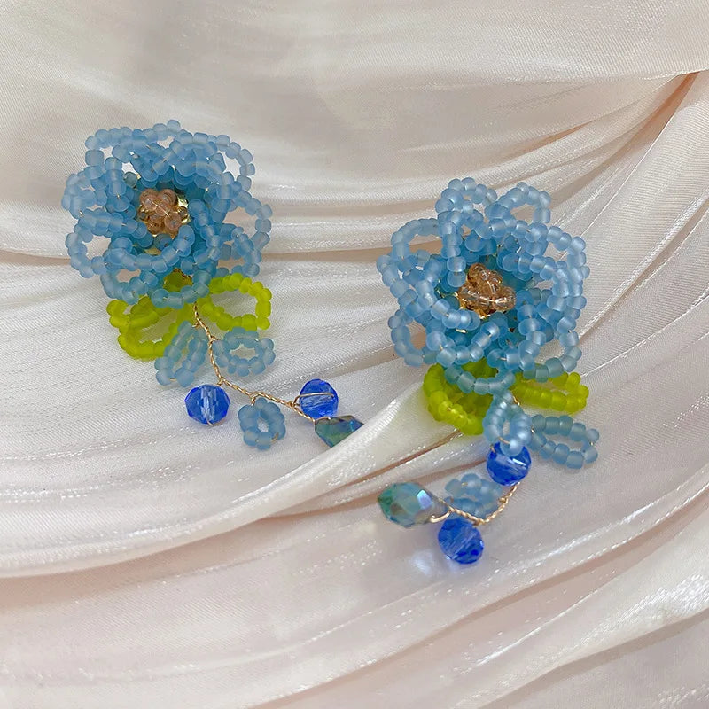 DAIIIBABYYY  -  Hand Woven Blue-Yellow Hollow Out Flower Leaf Tassel Crystal Drop Earrings for Women Acrylic Beaded Earrings Jewelry
