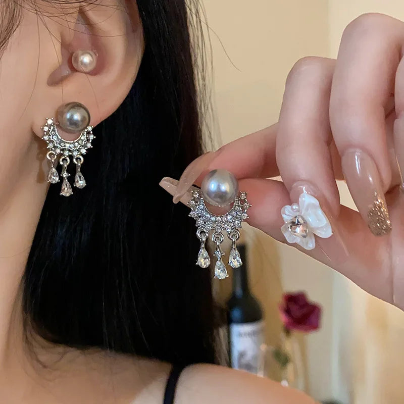 DAIIIBABYYY  -  Exquisite Pearl Crystal Tassel Drop Earrings for Women 2024 New Luxury Metal Geometric Temperament Earrings Aesthetic Jewelry