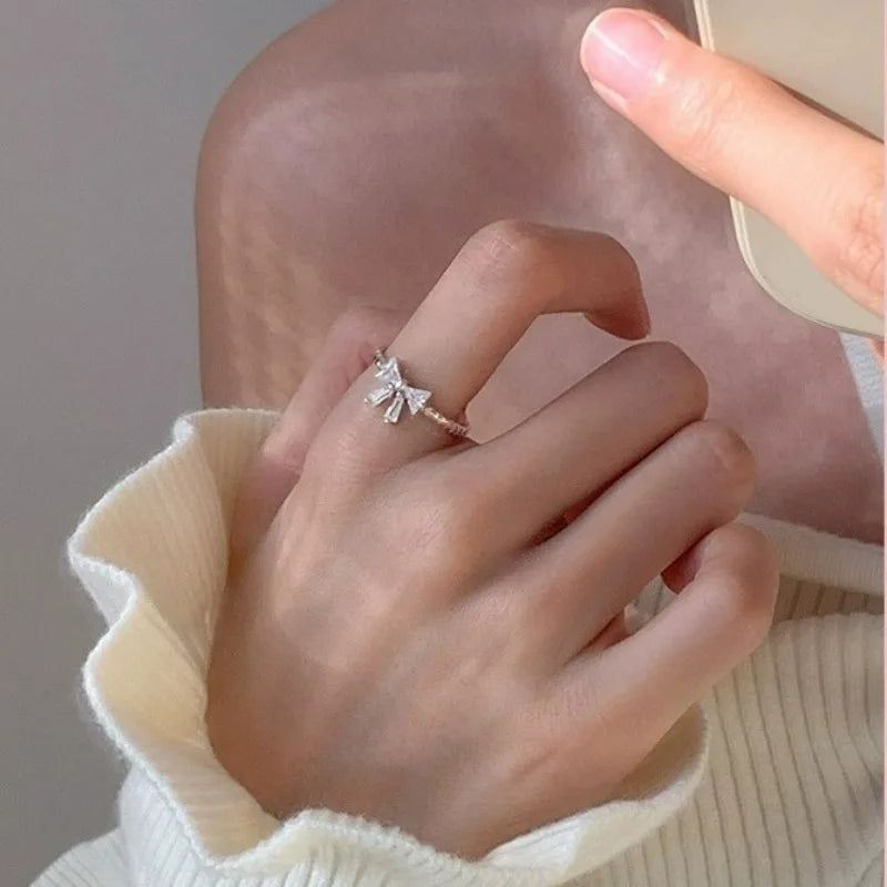 DAIIIBABYYY  -  Sweet Fashion Zircon Bowknot Rings for Women Girls Y2K Crystal Silver Color Adjustable Opening Ring Wedding Party Jewelry Gifts