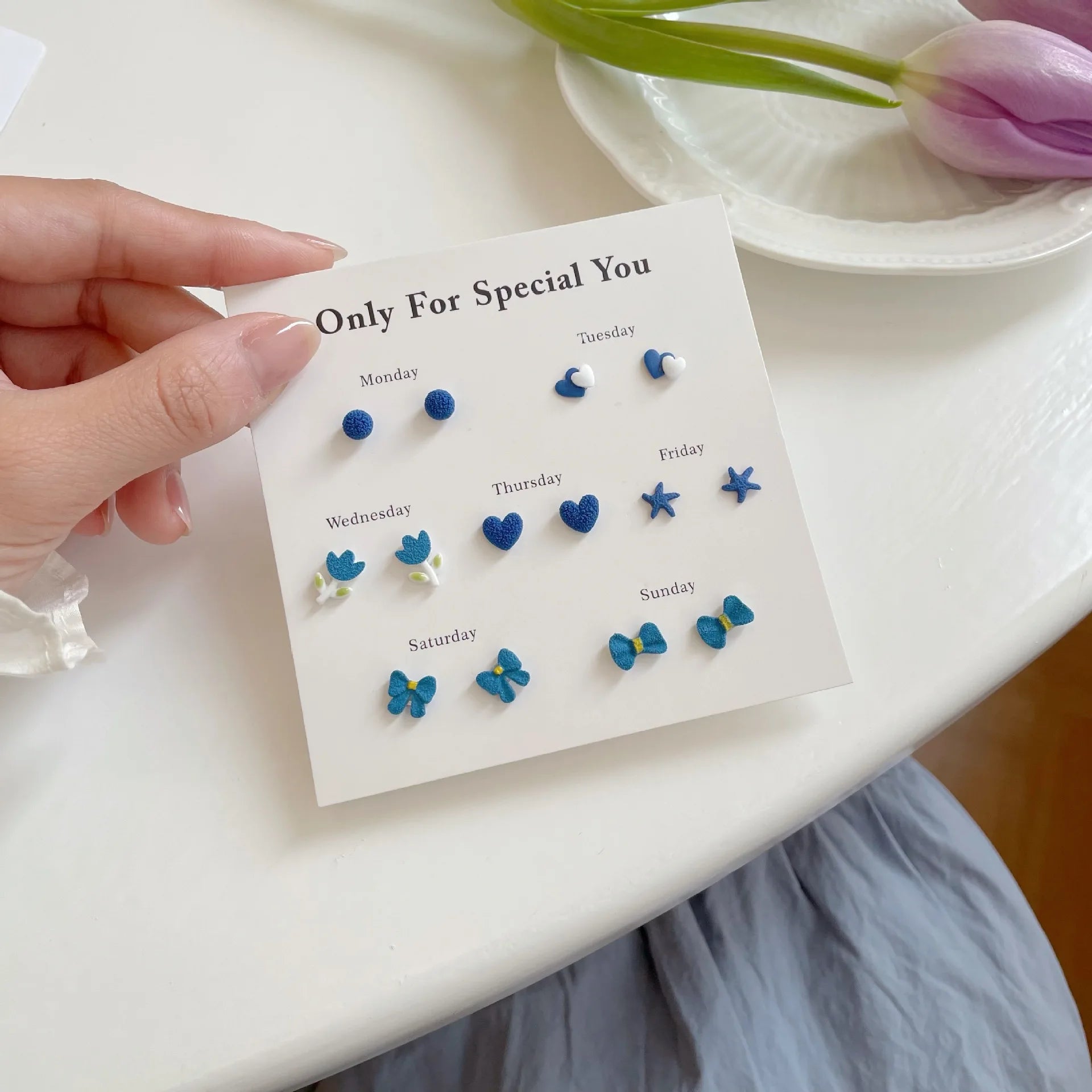 DAIIIBABYYY  -  Sweet Blue Pink Heart Butterfly Bow Flower Stud Earrings Set for Women Matte Mini Star Round Earring Earring Jewelry