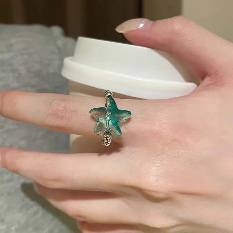 DAIIIBABYYY  -  New Sweet Blue Dream Jelly Shell Resin Star Rings Metal for Women Girls Starfish Beaded Finger Rings Ocean Jewelry Accessories