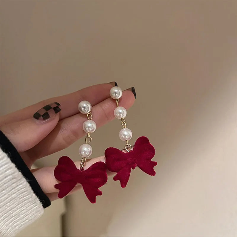 DAIIIBABYYY  -  New Romantic Winter Red Velvet Flocking Bow-knot Earrings Korean Fashion White Furry Ball Multi-style Dangle Earring Jewelry