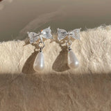 DAIIIBABYYY  -  Girls White Zircon Bow-knot Pearl Drop Earrings for Women Korean Fashion Sweet Cute Bow Stud Earring Luxury Jewelry Gift