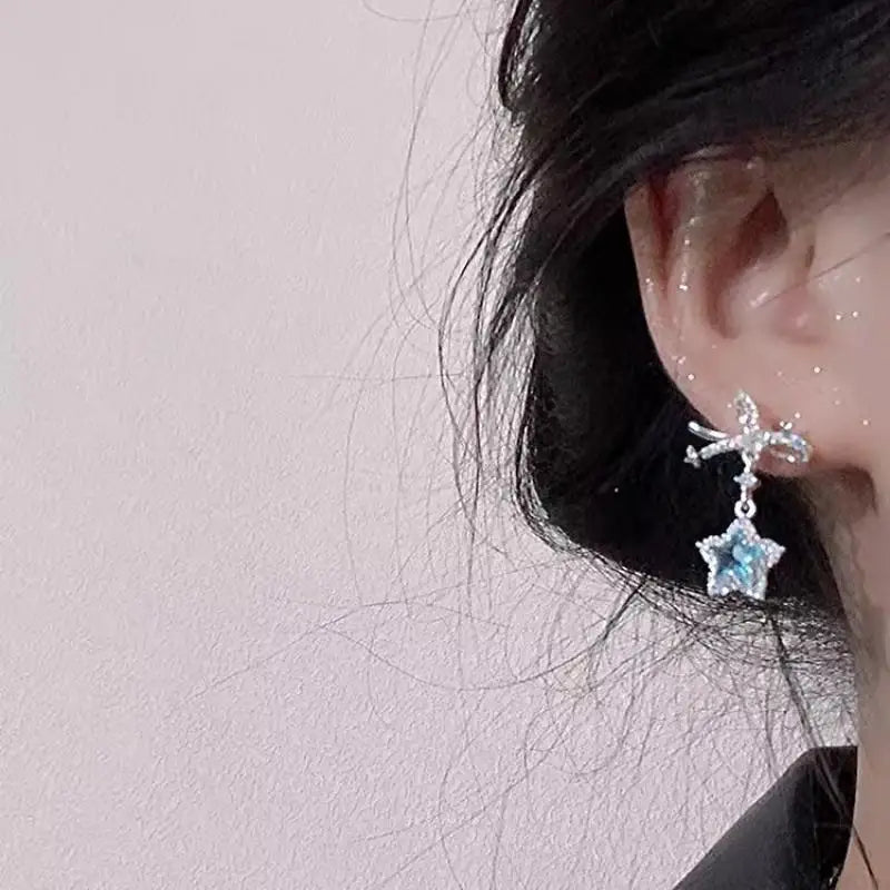 DAIIIBABYYY  -  Korean Fashion Blue Zircon Star Stud Earrings for Women Creative Shiny Rhinestone Bowknot Earrings Sweet Girls Jewelry Gifts