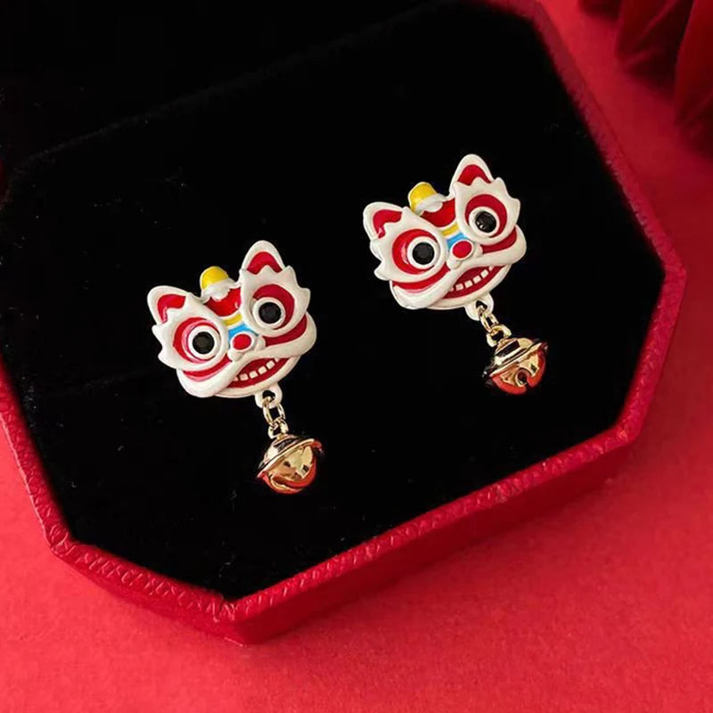 DAIIIBABYYY  -  Chinese Style 2024 Red Little Lion Bell Pendant Earrings for Women The Year of The Dragon Gift New Year Festive Jewelry Gifts