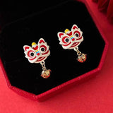 DAIIIBABYYY  -  Chinese Style 2024 Red Little Lion Bell Pendant Earrings for Women The Year of The Dragon Gift New Year Festive Jewelry Gifts