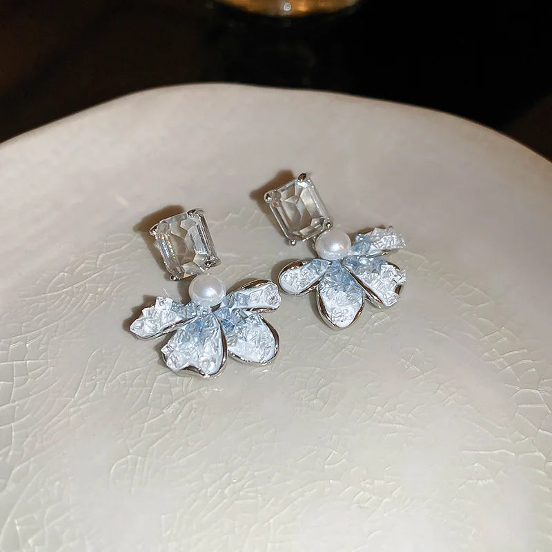 DAIIIBABYYY  -  Luxury Blue Gradient Crystal Butterfly Flower Pearl Earrings Flower Geometric Women Korean Fashion Kpop Tassel Earring