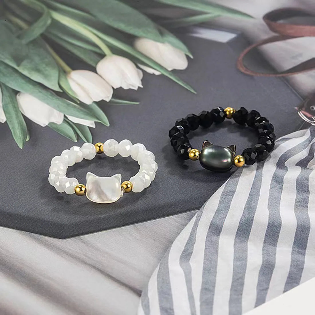 DAIIIBABYYY  -  Natural Moonstone Obsidian Rings Beads Minimalist Fidget Ring Women Handmade Cute Black White Cat Ring Party Accessories Jewelry