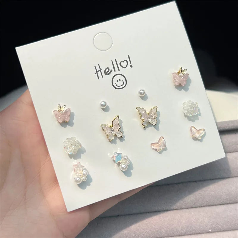 DAIIIBABYYY  -  Blue Pink Butterfly Bow Pearl Stud Earrings Set for Women Fish Tail Aurora Planet INS Korean Fashion Sweet Girls Earring Jewelry