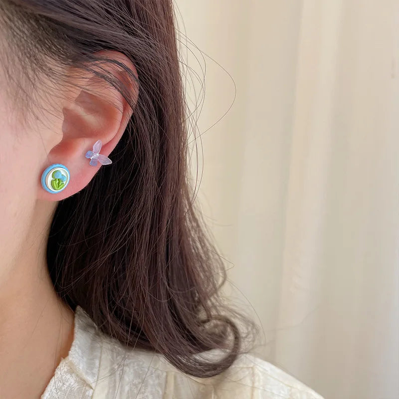 DAIIIBABYYY  -  Korean Fashion Pink Blue Tulip Flower Stud Earrings Set Women Y2K Kpop Butterfly Heart Floral Earring Jewelry Gift