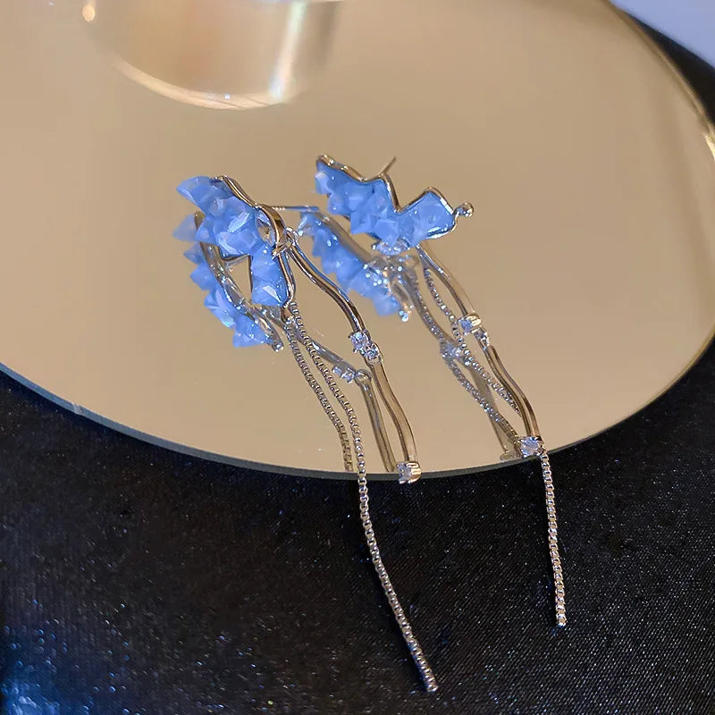 DAIIIBABYYY  -  Sweet Crystal Stone Butterfly Earrings High Sense Celebrity Style Long Tassels Show Face Thin Crystal Earrings Women's Ornament