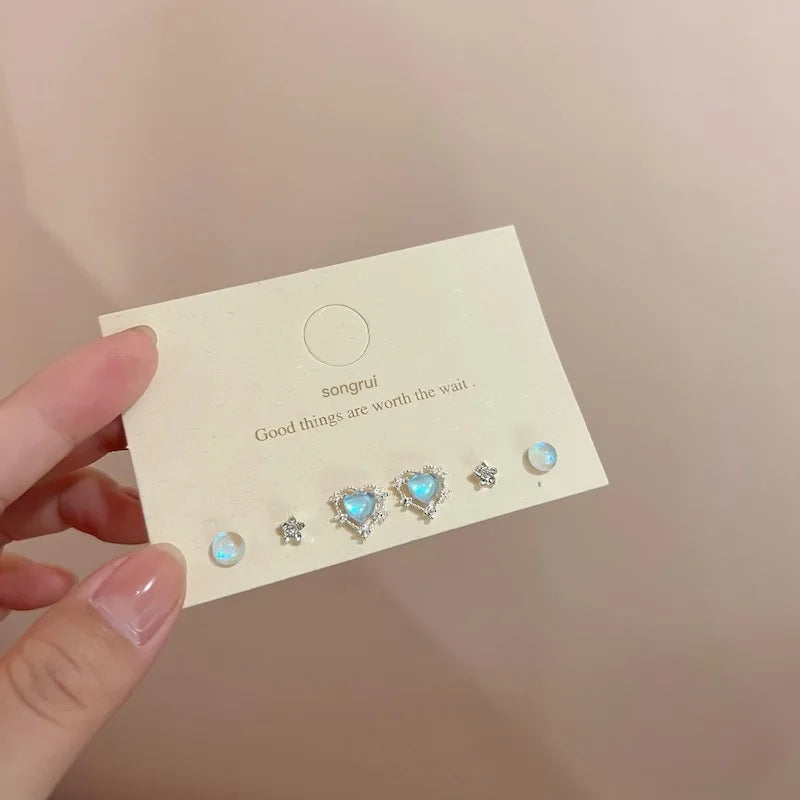 DAIIIBABYYY  -  Y2K Blue Colorful Bow-knot Heart Shape Rhinestone Stud Earrings Set Women Korean Fashion Cute Earring Jewelry brincos