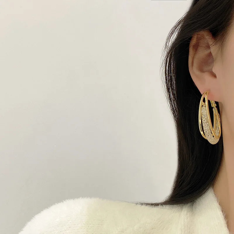 DAIIIBABYYY  -  Korean Gold Color Metal Mesh Crystal Hoop Earrings Women Fashion Jewelry Luxury Geometric Grid Big Circle Earings Femme
