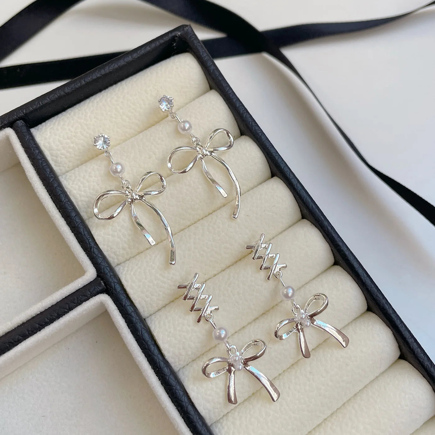 DAIIIBABYYY  -   Korean Fashion Ballet Ribbon Bow-knot Drop Earrings Women INS Silver Plated Pearl Rhinestone Bow Tassel Earring Jewelry