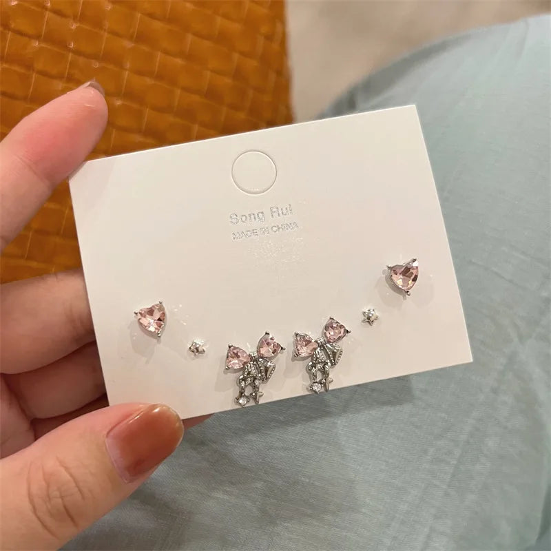 DAIIIBABYYY  -  Charm Y2K Bow-knot Heart Pink Silver Color Rhinestone Stud Earrings Set Women Korean Fashion Girls Sweet Earring Jewelry