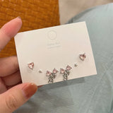 DAIIIBABYYY  -  Charm Y2K Bow-knot Heart Pink Silver Color Rhinestone Stud Earrings Set Women Korean Fashion Girls Sweet Earring Jewelry
