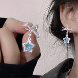Daiiibabyyy Exquisite Blue Star Shaped Crystal Stud Earrings for Women Personalized Stylish Daily Accessories Party Jewelry Birthday Gifts