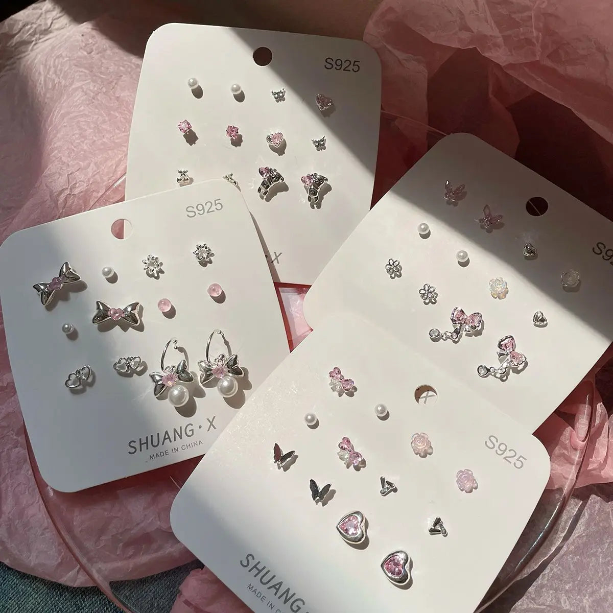 DAIIIBABYYY  -  Summer New Shiny Pink Flower Cherry Butterfly Star Pearl Stud Earrings Set for Women Girls One Week Korean Fashion Jewelry Gift