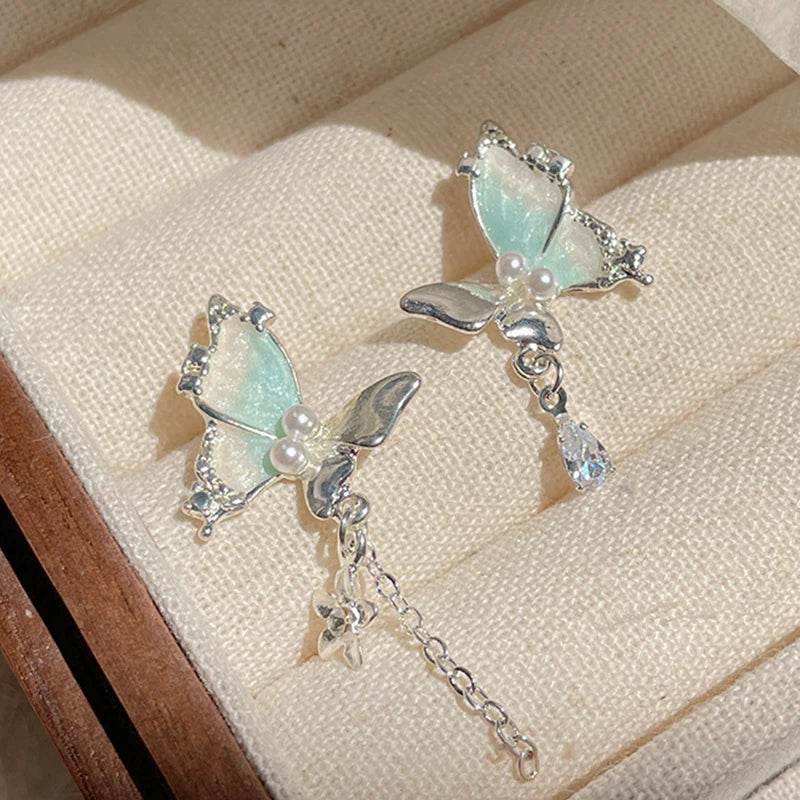 DAIIIBABYYY  -  Girls Sweet Summer Green Color Stud Earrings Set Butterfly Rhinestone Pearl Tassel Drop Earring Women Party Jewelry