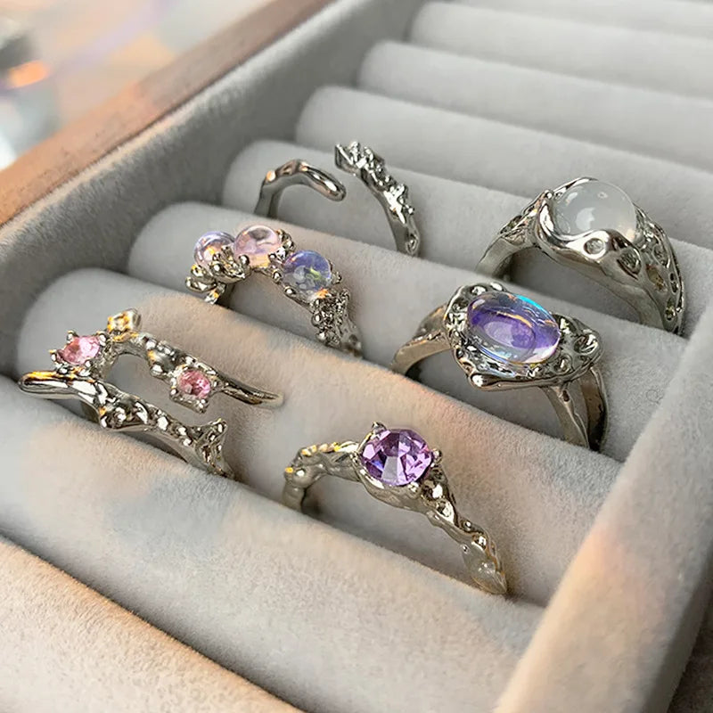 Daiiibabyyy Opal Irregular Natural Stone Ring With White Opal Aesthetic Egirl Hollow Rings for Women Y2K Trendy Ring Creative Finger Jewelry