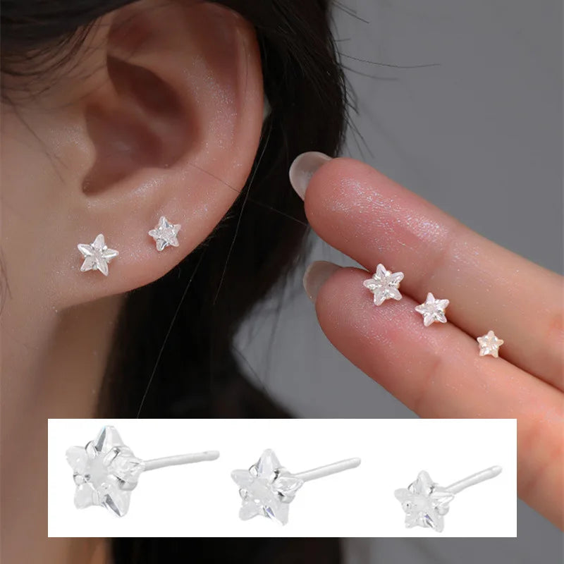 DAIIIBABYYY  -  4/5/6mm Mini Zircon Crystal Star Stud Earrings for Women Simple Cute Sleeping Without Wearing Teen Ear Pierced Jewelry Gifts