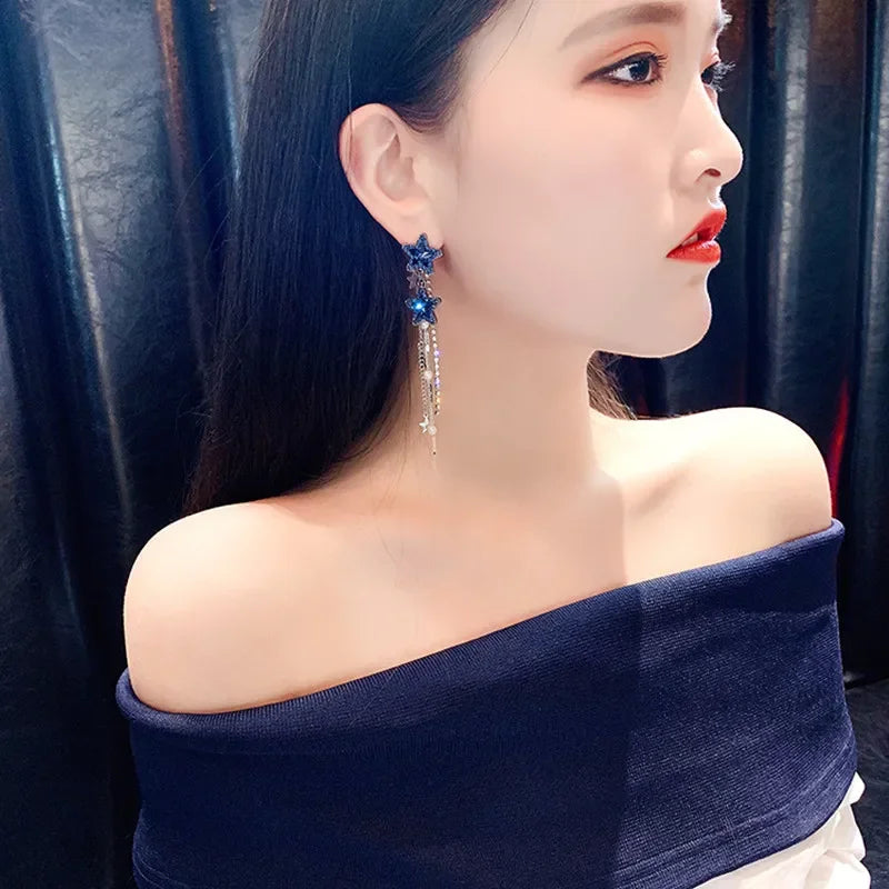 Daiiibabyyy  Korean Style Star Drop Earrings for Women New Bijoux Long Tassel Shiny Blue Crystal Dangle Earrings Jewelry Accessories