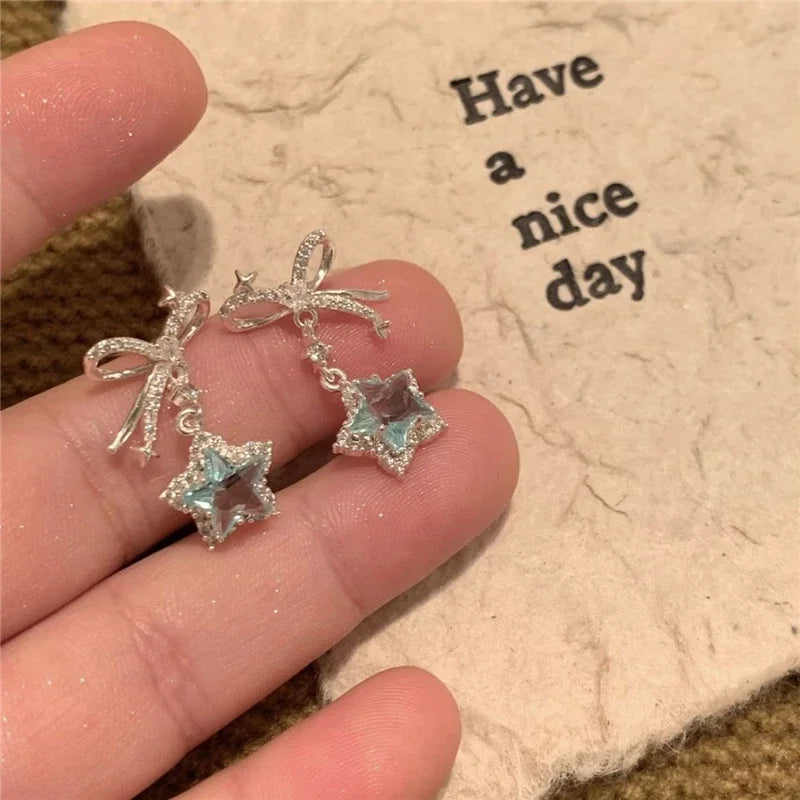 Daiiibabyyy Exquisite Blue Star Shaped Crystal Stud Earrings for Women Personalized Stylish Daily Accessories Party Jewelry Birthday Gifts