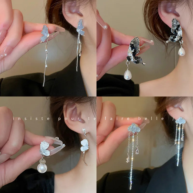 DAIIIBABYYY  -  Luxury Blue Gradient Crystal Butterfly Flower Pearl Earrings Flower Geometric Women Korean Fashion Kpop Tassel Earring