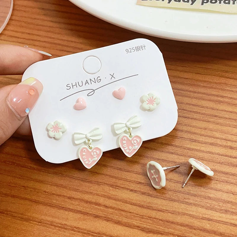 DAIIIBABYYY  -  Charm Pink Heart Flower Bow Round Shape Stud Earrings Set Korean Fashion Women Girls Kpop Y2K Earring Jewelry brincos