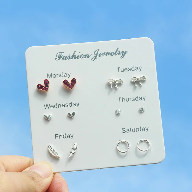 DAIIIBABYYY  -   2024 Creative Week Stud Earrings Set for Women Heart Pearl Rhinestone Earring Korean Fashion Party Jewelry Wholesale