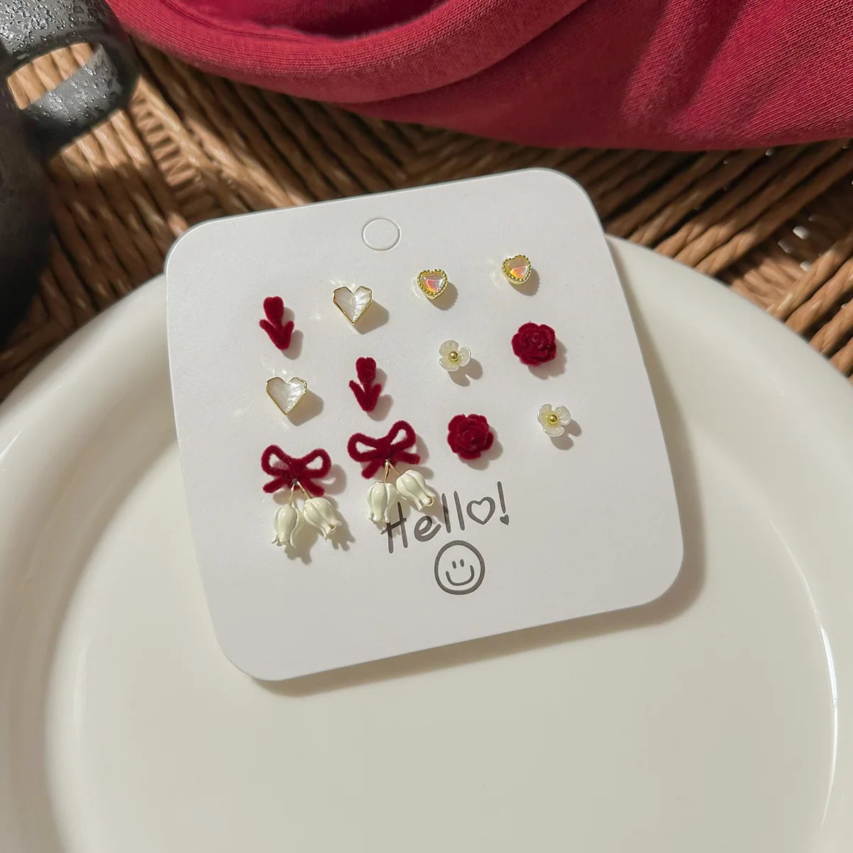 DAIIIBABYYY  -  Autumn Winter Wine Red Bow Flocked Fleece Stud Earrings Set Women Korean Fashion Heart Bow Floral Pearl Earring Jewelry