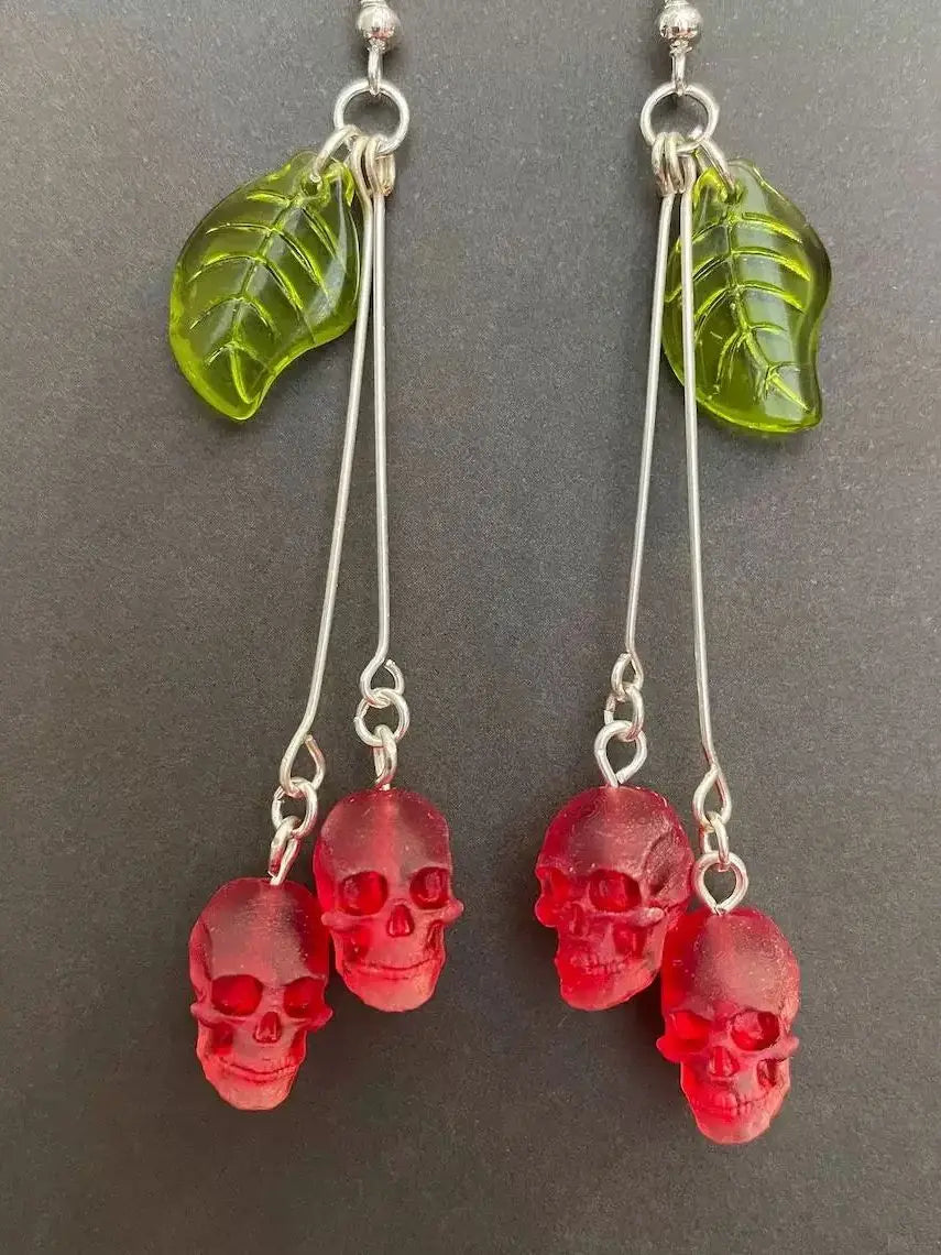 DAIIIBABYYY  -  Gothic Skull Cherry Earrings For Women Fashion Pagan Witch Jewelry Accessories Gift Red Vampire Skull Green Leaf Ear Hooks Trend