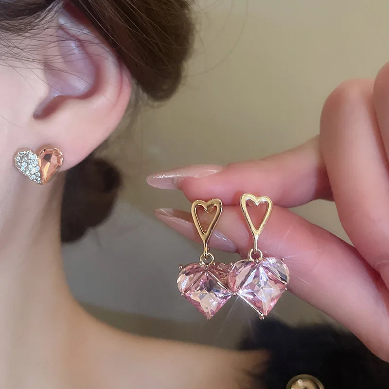 Daiiibabyyy  Silver Needle Studded Diamond Heart Sweet Earrings Set Women's Simple Fashion Temperament Stud Earring Light Luxury High-end