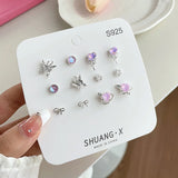DAIIIBABYYY  -   Girls Y2K Sweet Butterfly Pink Heart Rhinestone Flower Stud Earrings Set Korean Fashion Women Bow Floral Earring Jewelry
