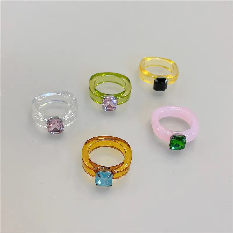 DAIIIBABYYY  -  New Colorful Transparent Acrylic Rhinestone Resin Ring Geometry Simple Rings for Women Girls Jewelry Party Gifts