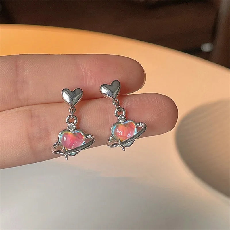 DAIIIBABYYY  -  Korean Fashion Rhinestone Planet Heart Drop Earring Y2K Sweet Cool Girls Fantasy Color Earrings Women Jewelry Party Gifts