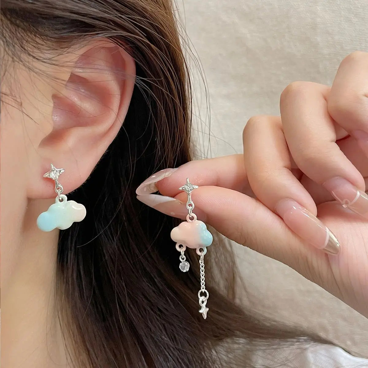 DAIIIBABYYY  -  Gradient Color Pink Blue Summer Bowknot Moon Star Pendant Earrings Set Women Korean Fashion Sweet Heart Stud Earring Jewelry