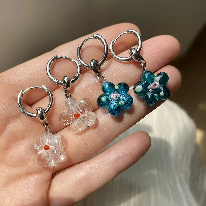 DAIIIBABYYY  -  Flower Glazed Earrings Clear Crystal Texture Paired Unique Cute Colorful Earrings Sweet Trendy Delicate Earrings Women's Jewelry