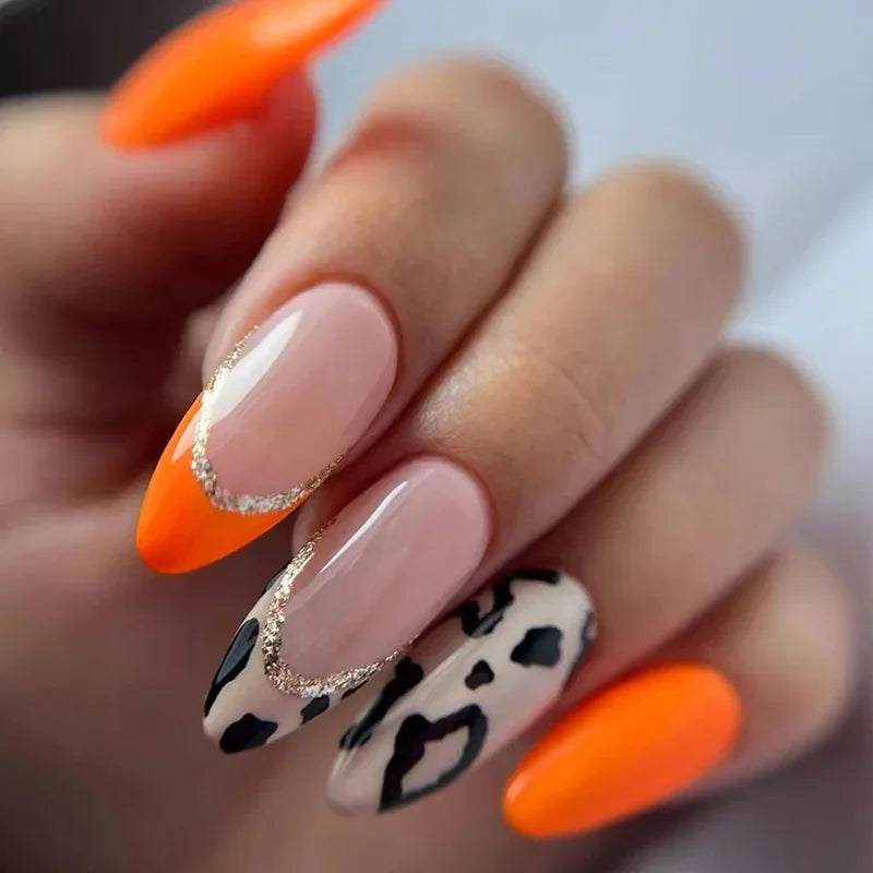 Daiiibabyyy 24Pcs Long French False Nails Almond Fake Nails with Shiny Sequin Design Stripe Finished Press on Nails Wearable Round Nail Tips