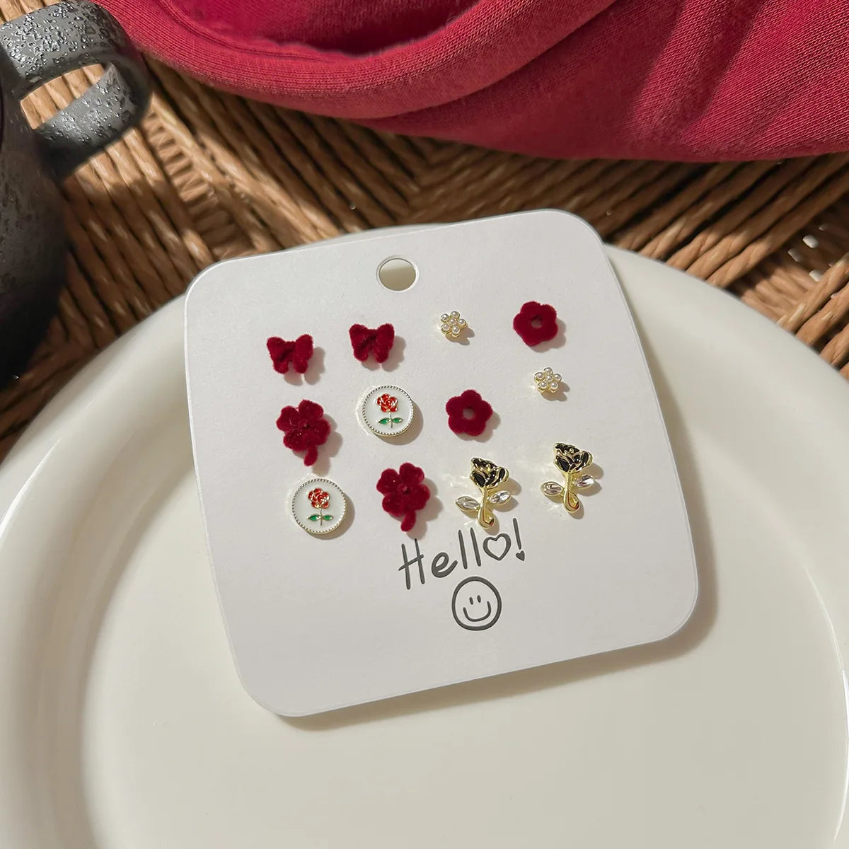 DAIIIBABYYY  -  Autumn Winter Wine Red Bow Flocked Fleece Stud Earrings Set Women Korean Fashion Heart Bow Floral Pearl Earring Jewelry
