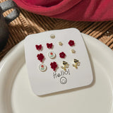 DAIIIBABYYY  -  Autumn Winter Wine Red Bow Flocked Fleece Stud Earrings Set Women Korean Fashion Heart Bow Floral Pearl Earring Jewelry